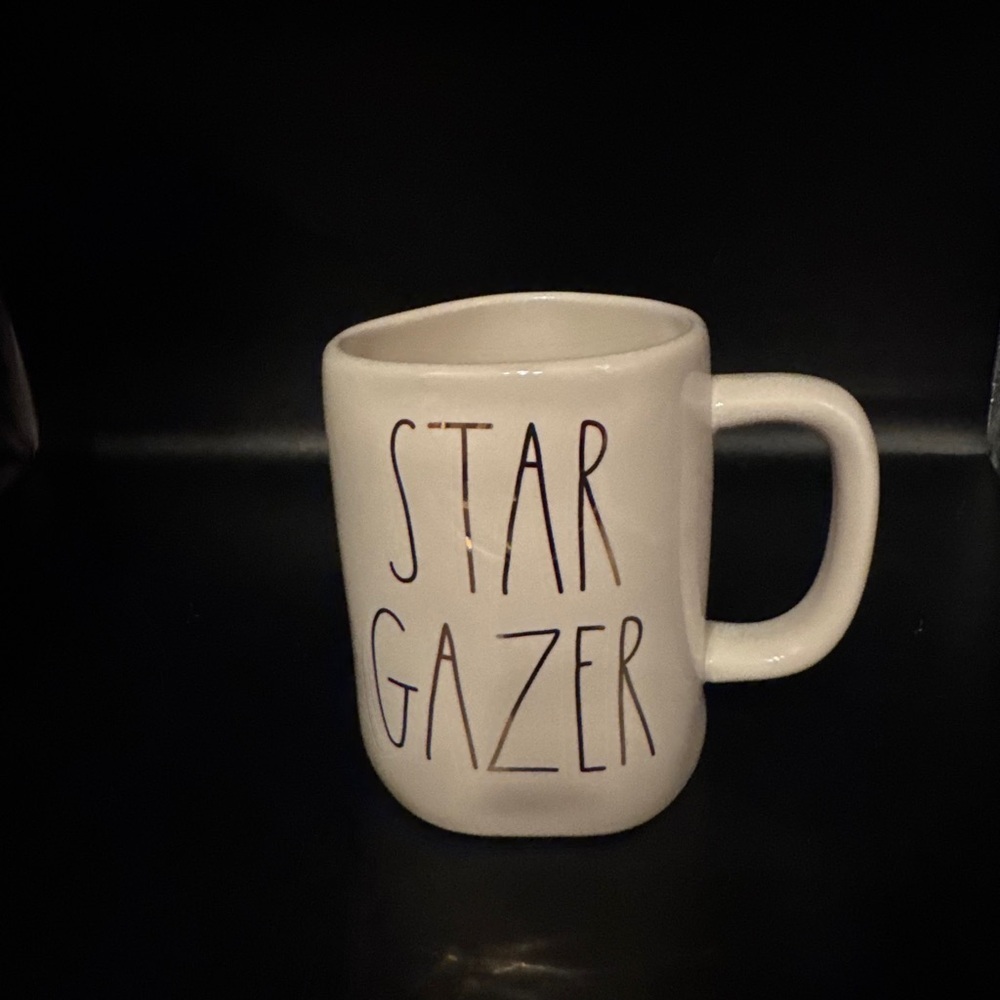 Rae Dunn “Star Gazer” Coffee Mug White With Black Lettering Stars On The Back